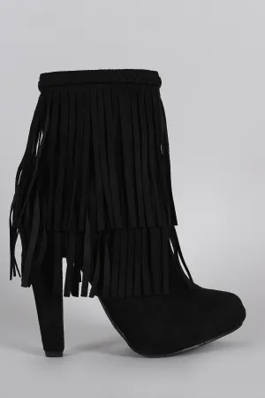 Breckelle Braided Layered Fringe Almond Toe Heeled Booties