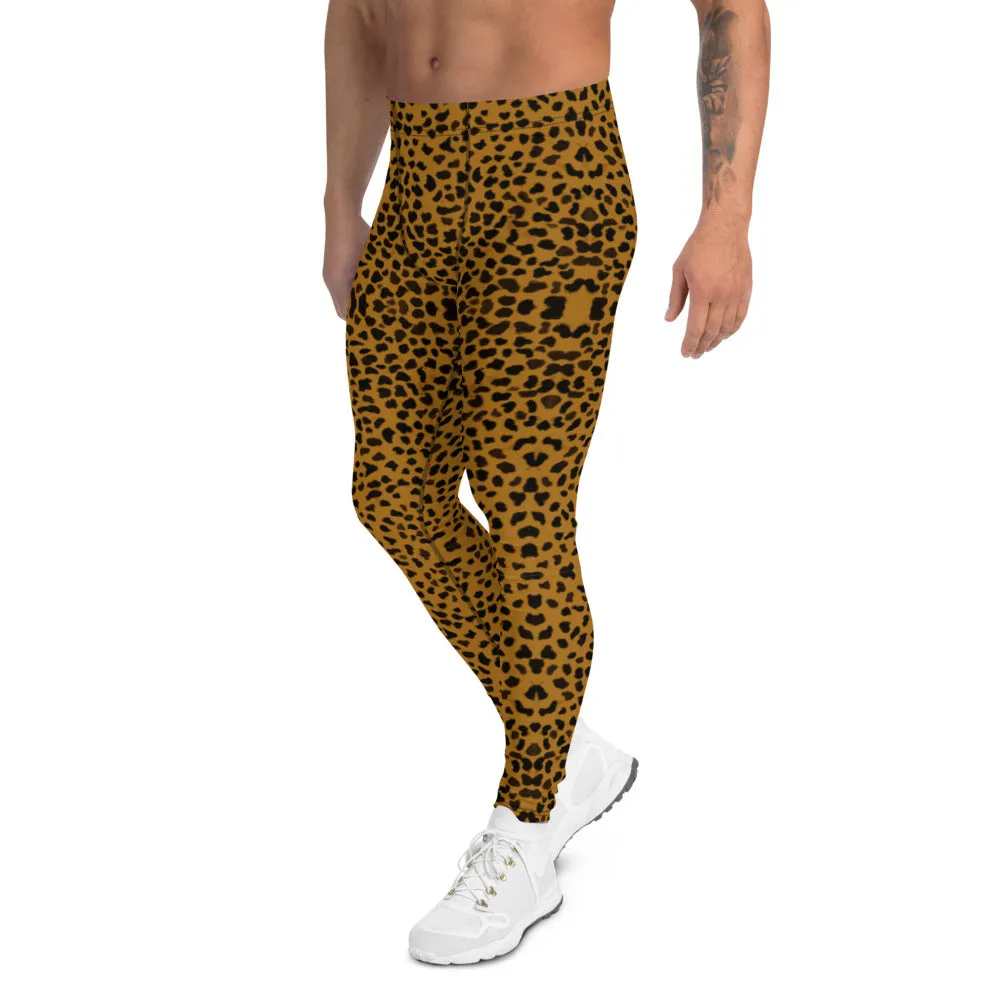 Brown Cheetah Print Men's Leggings, Leopard Animal Print Designer Luxury Meggings-Made in USA