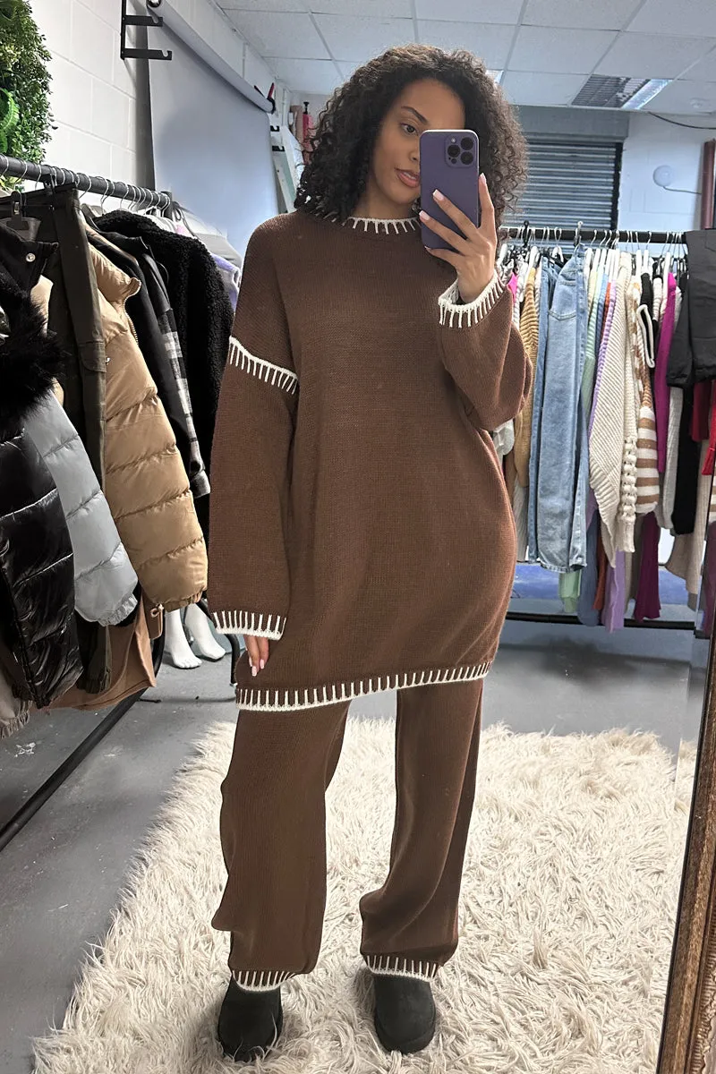 Brown Contrast Stitch Knitted Co-ord Set - Storm