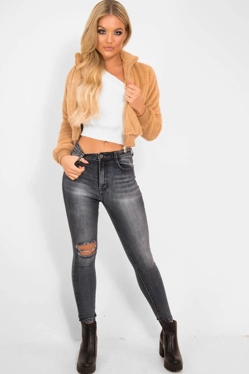 Camel Zip Front Faux Fur Crop Jacket - Perri