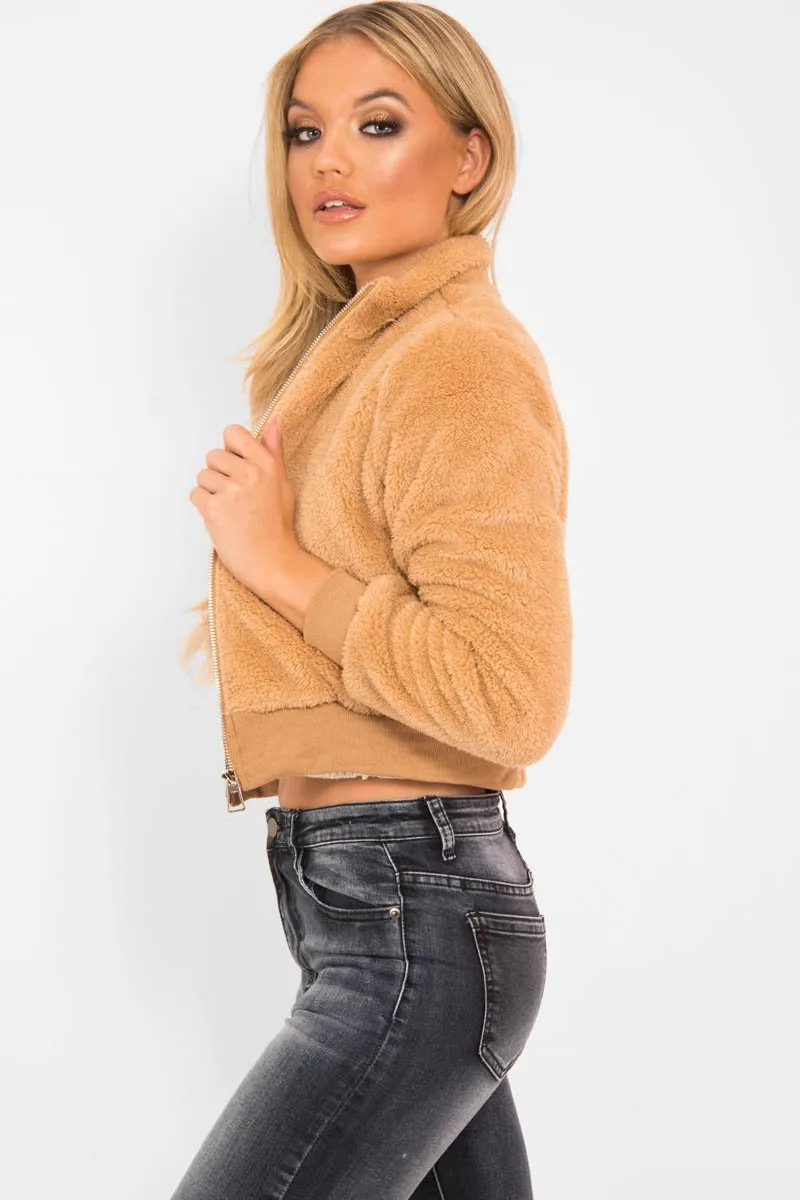 Camel Zip Front Faux Fur Crop Jacket - Perri