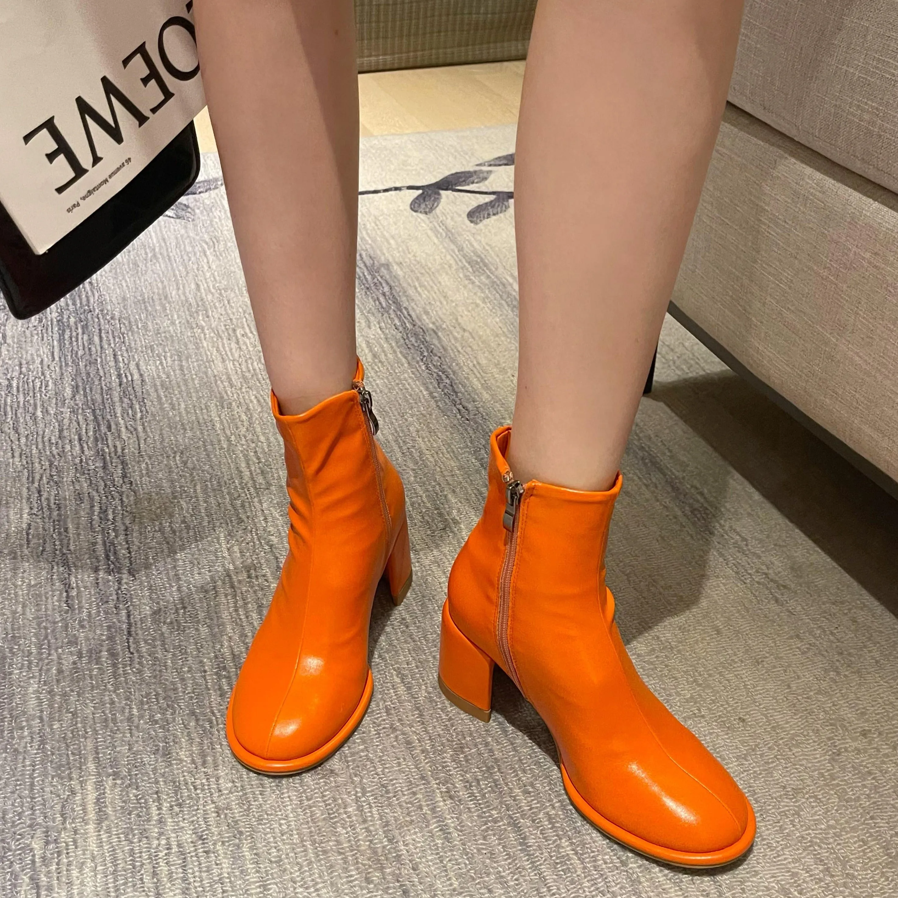 Colorful Thick Heeled Side Zipper Short Boots