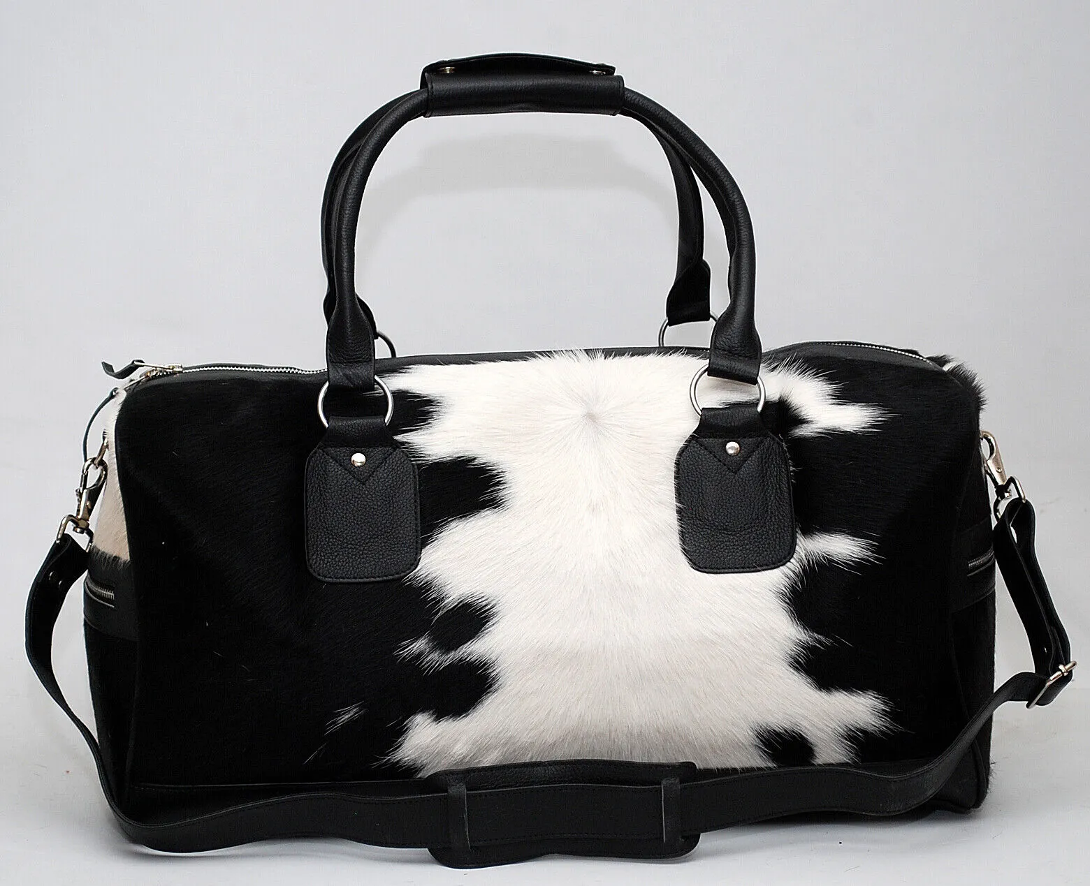 Cow Fur Weekender Duffle Bag Black White