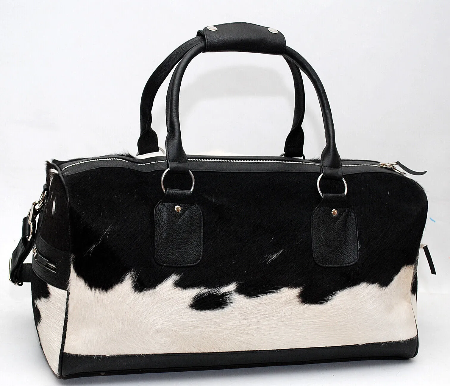 Cow Fur Weekender Duffle Bag Black White