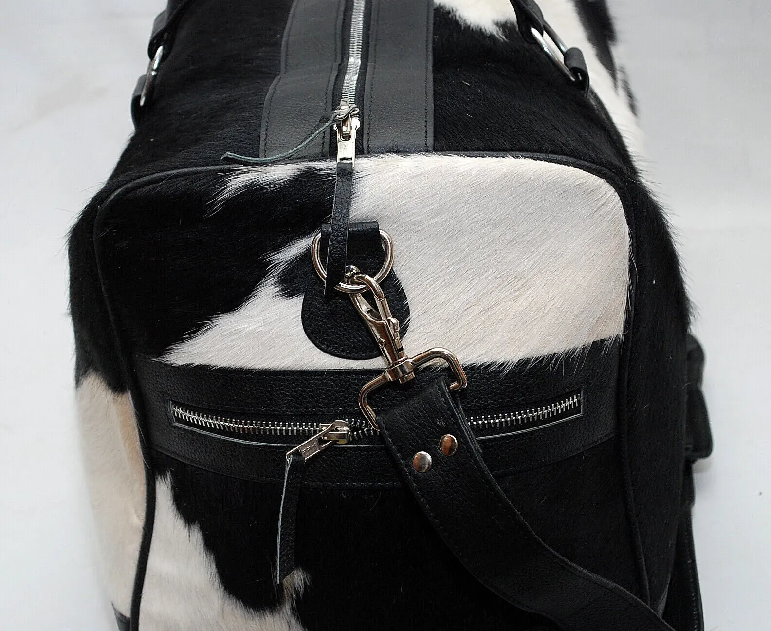 Cow Fur Weekender Duffle Bag Black White