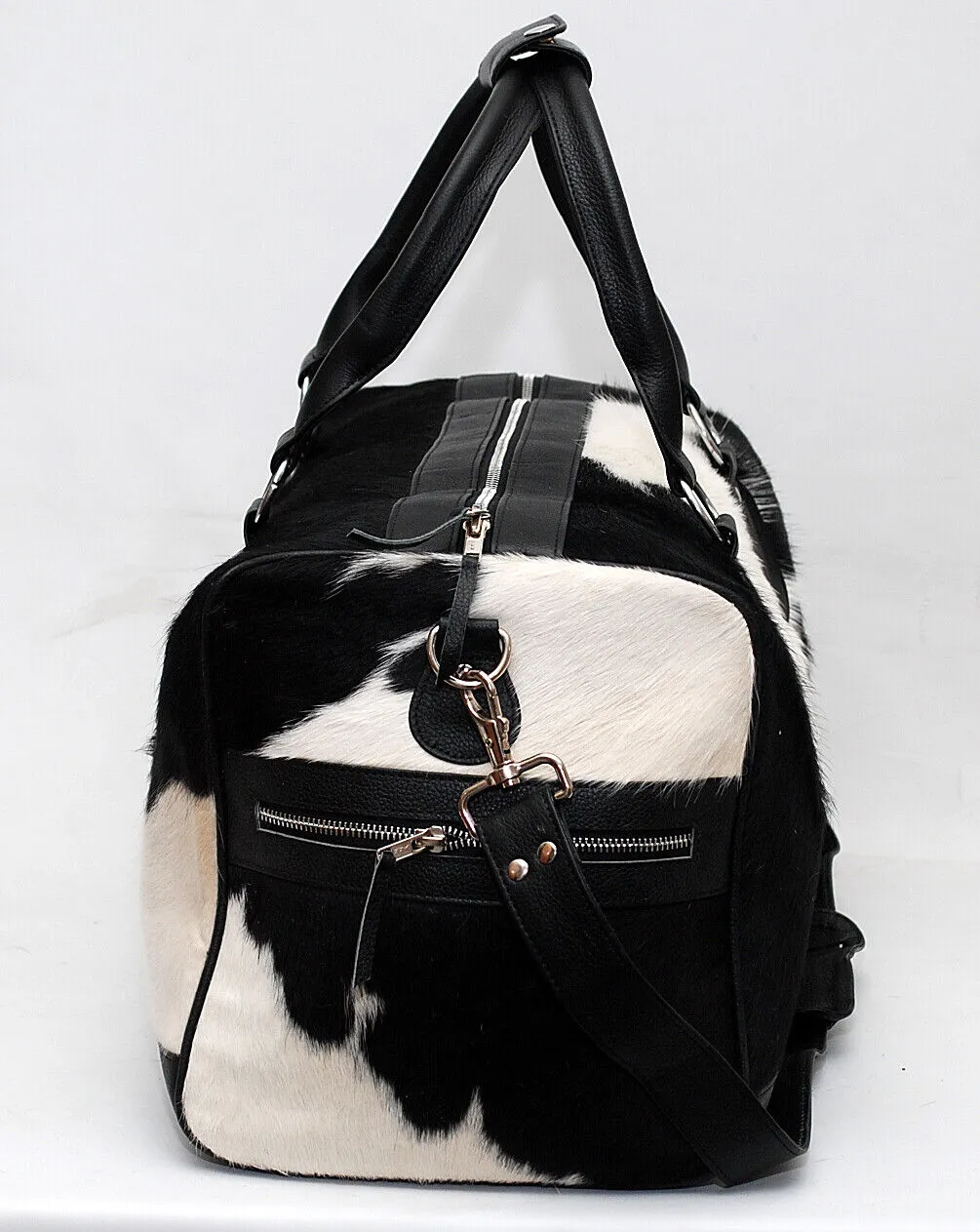 Cow Fur Weekender Duffle Bag Black White