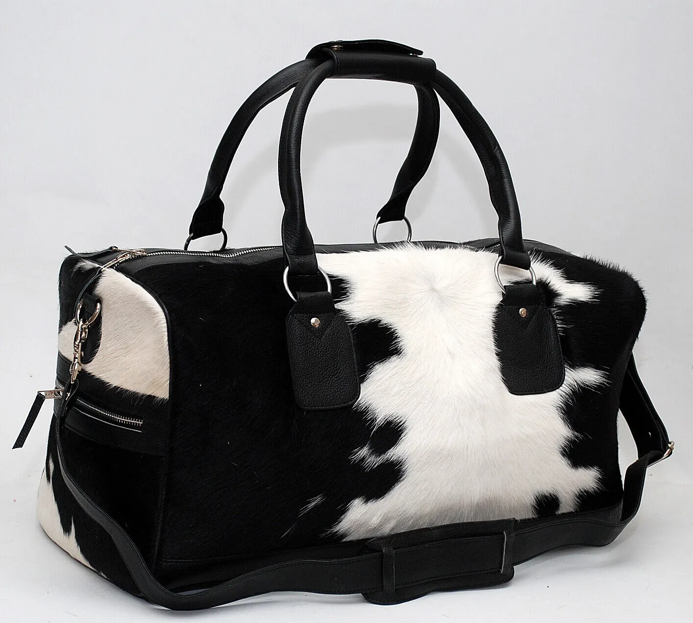 Cow Fur Weekender Duffle Bag Black White