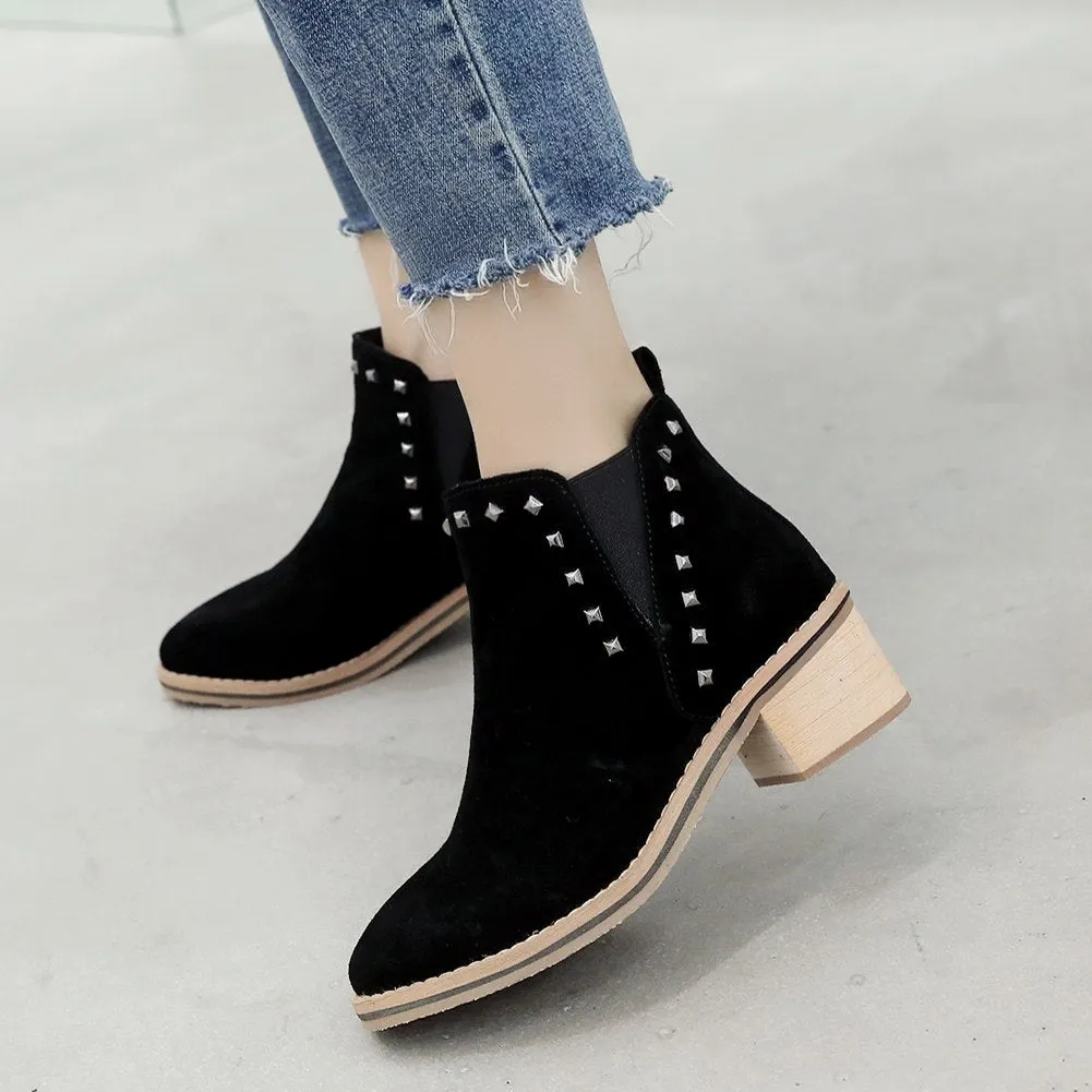 Cow Suede leather Ankle boots Woman Rivet Heels