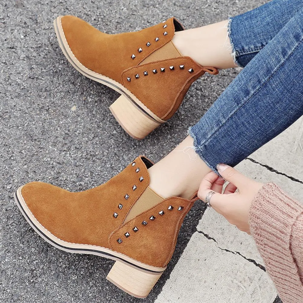 Cow Suede leather Ankle boots Woman Rivet Heels