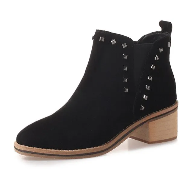 Cow Suede leather Ankle boots Woman Rivet Heels