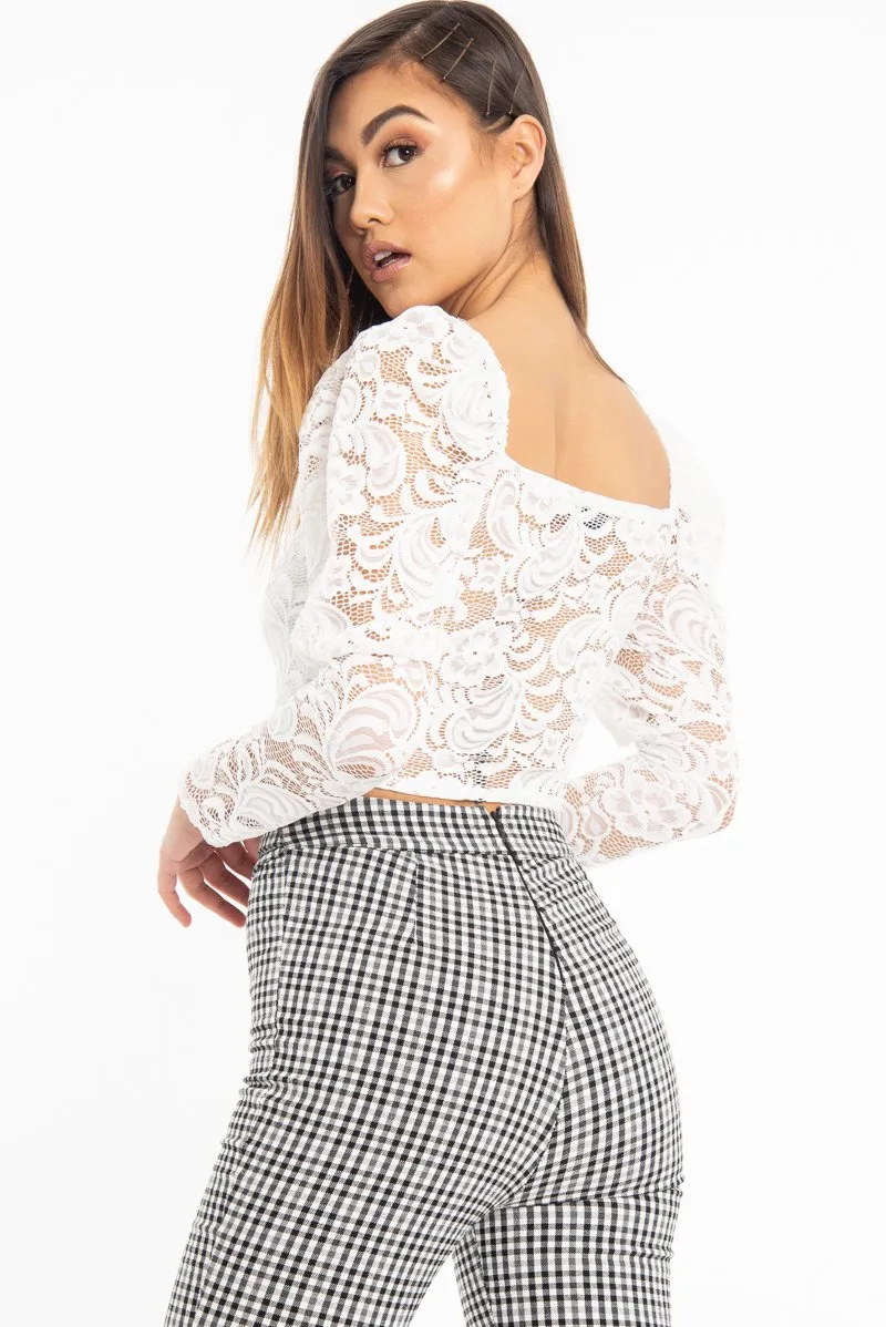 Cream Lace Long Sleeve Puff Sleeve Crop Top - Gwynn