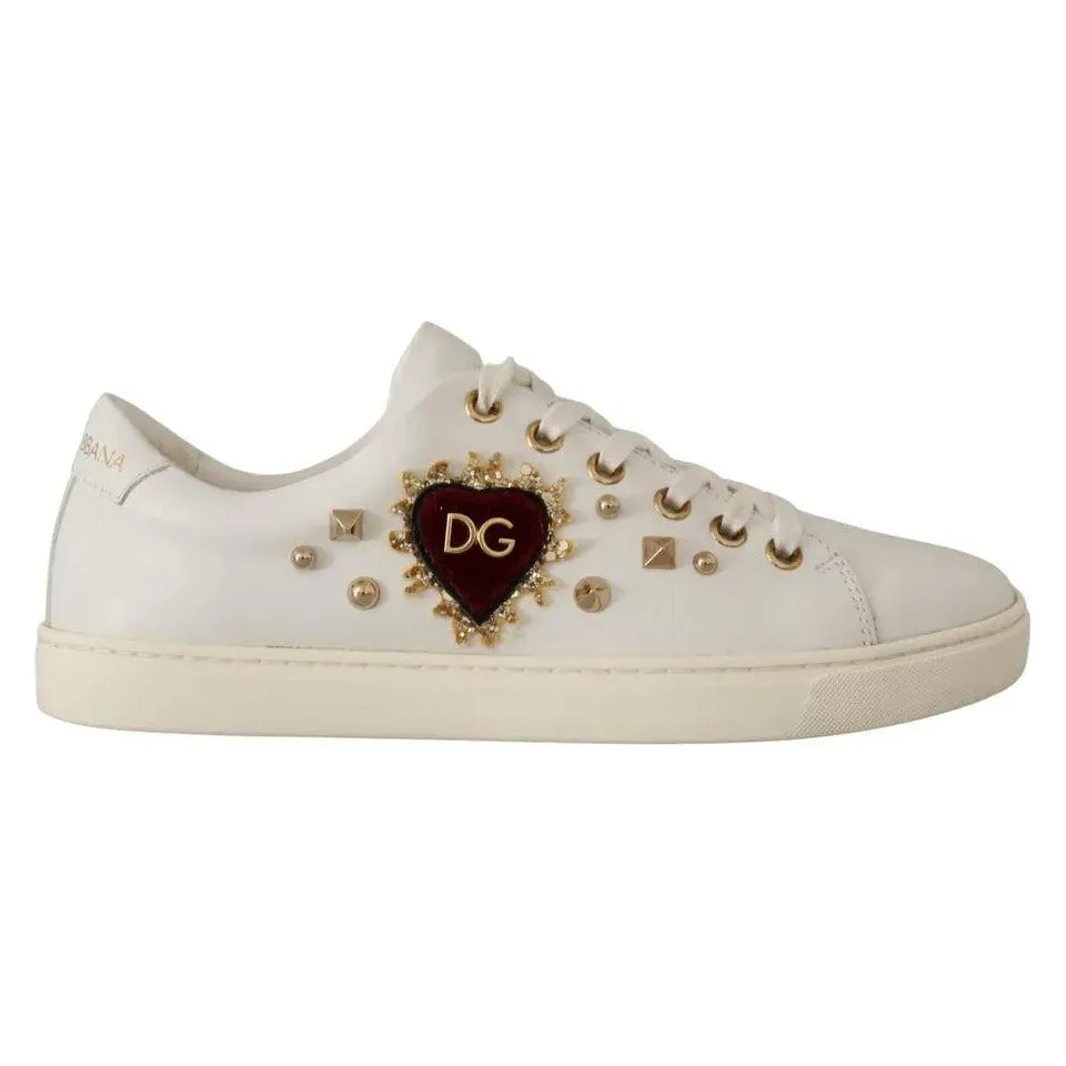 Dolce & Gabbana White Leather Gold Red Heart Sneakers Shoes