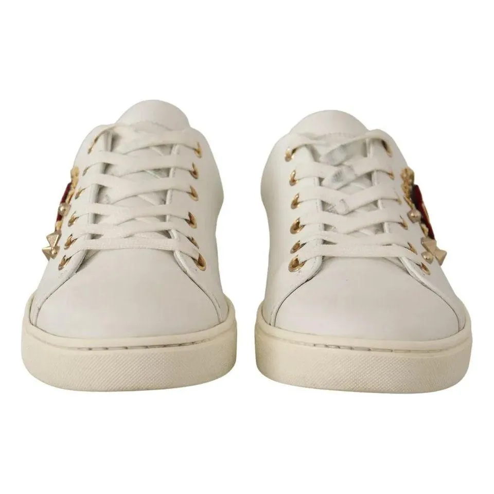 Dolce & Gabbana White Leather Gold Red Heart Sneakers Shoes