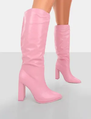 Far Away Pink Grain PU Square Toe Knee High Block Boots