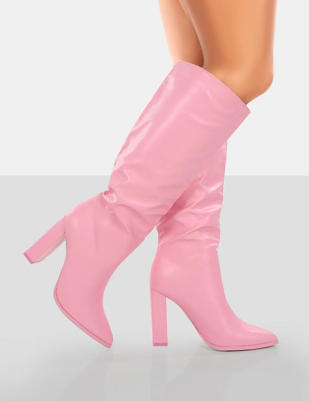 Far Away Pink Grain PU Square Toe Knee High Block Boots