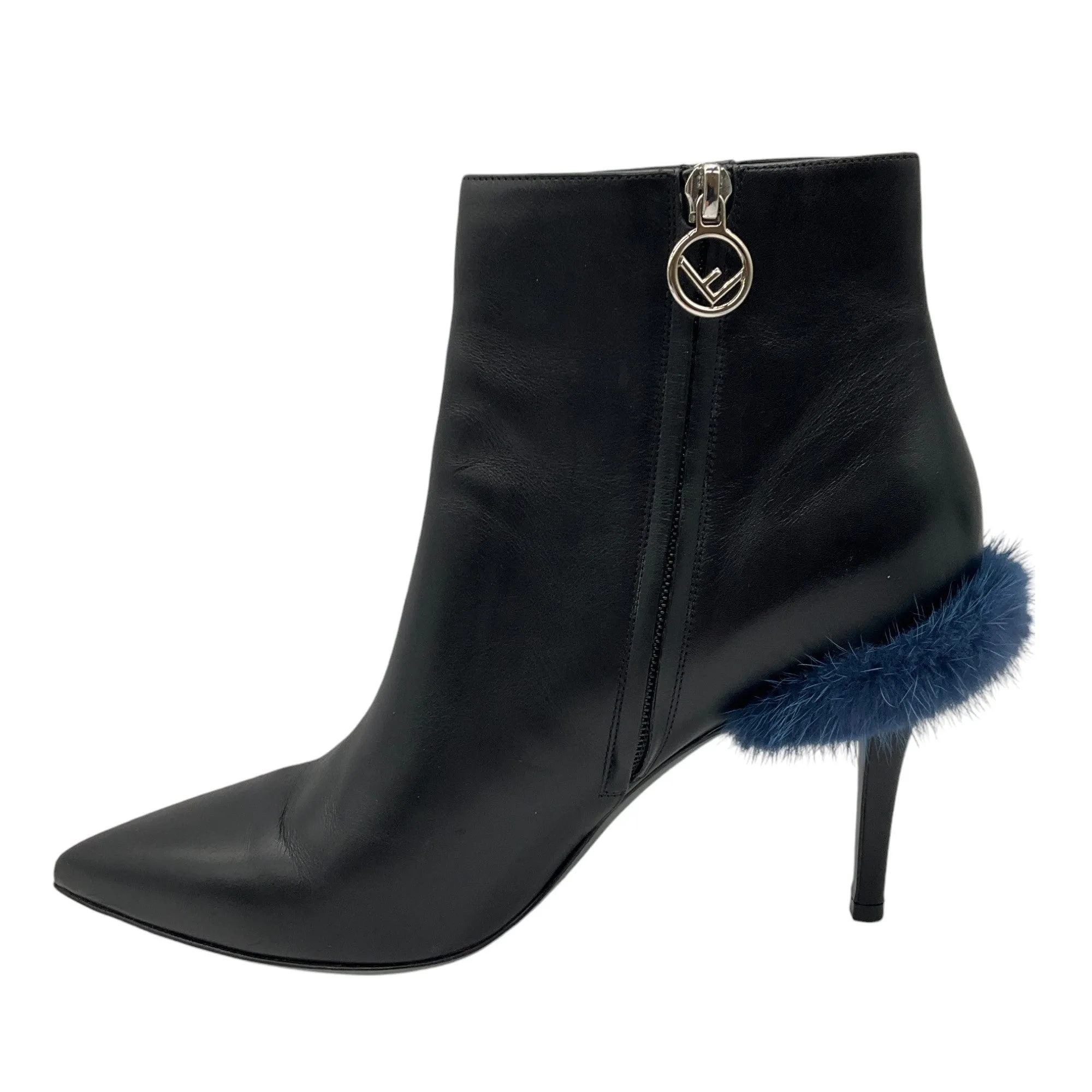 Fendi Black / Blue Fur Trimmed Heeled Leather Boots