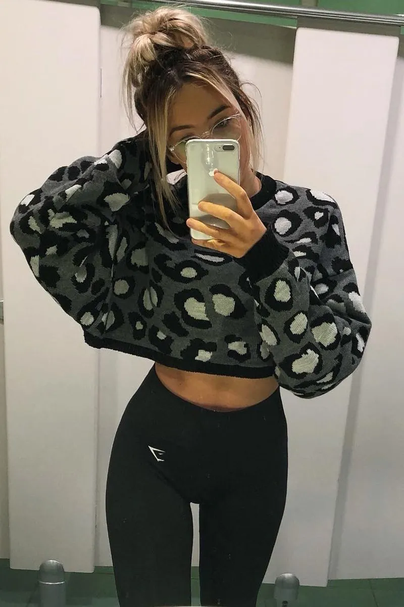 Grey Leopard Crop Batwing Jumper - Raigen