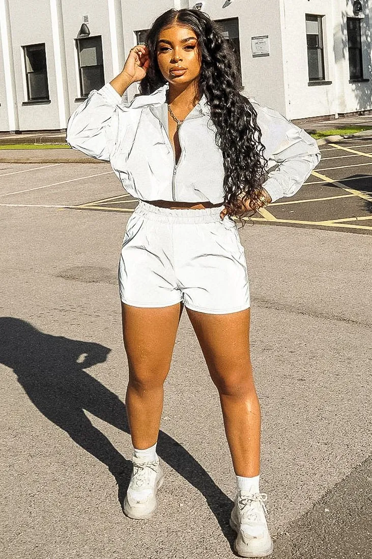 Grey Reflective Zip Front Jacket Shorts Co-Ord - Remmi