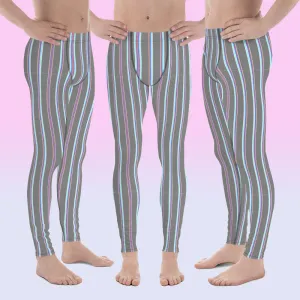 Grey Striped Men's Leggings, Vertical Stripes Modern Meggings Classic Running Tights For Men