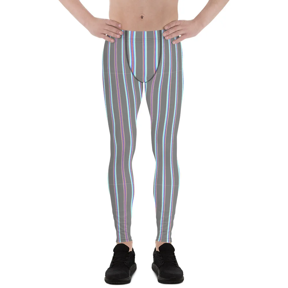 Grey Striped Men's Leggings, Vertical Stripes Modern Meggings Classic Running Tights For Men