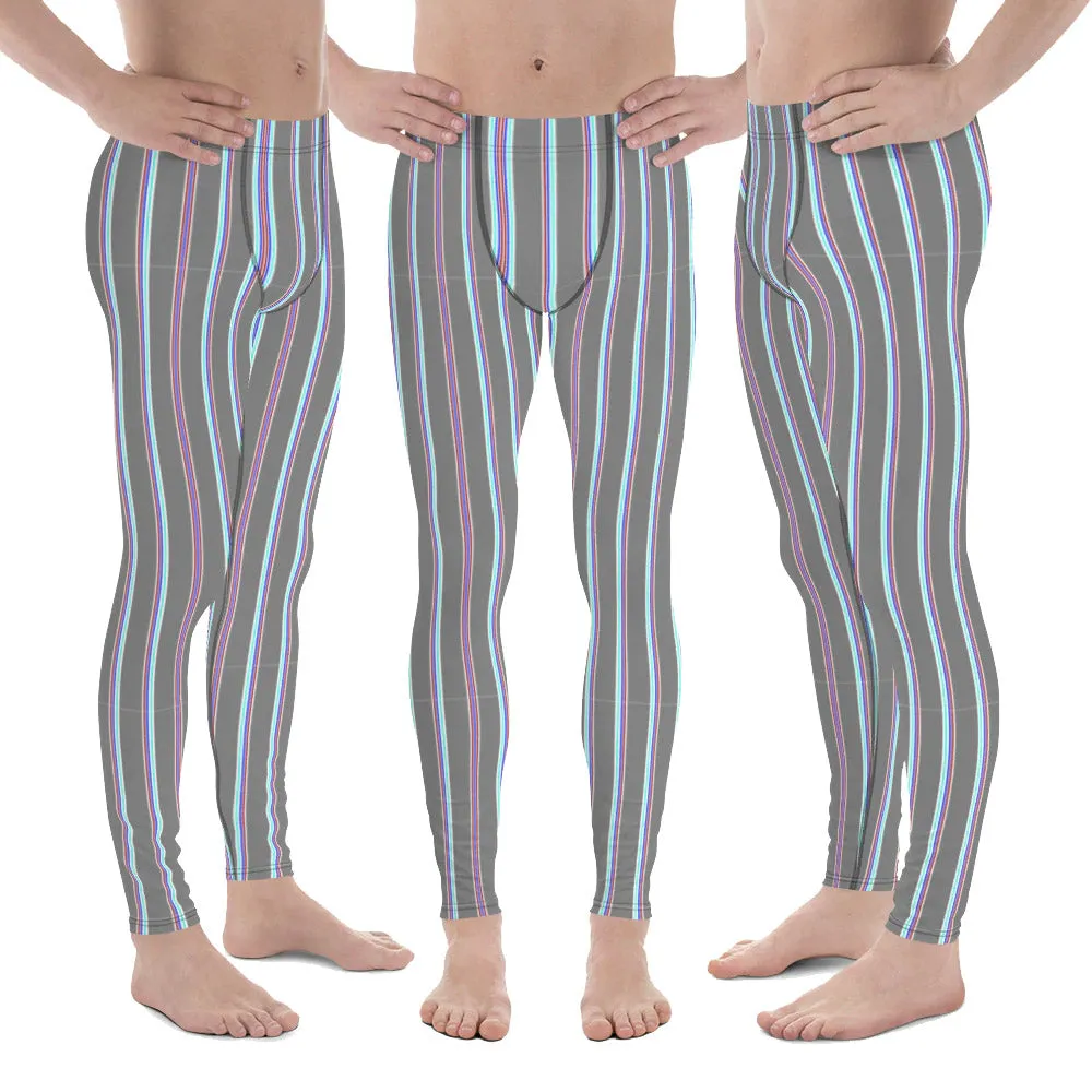 Grey Striped Men's Leggings, Vertical Stripes Modern Meggings Classic Running Tights For Men