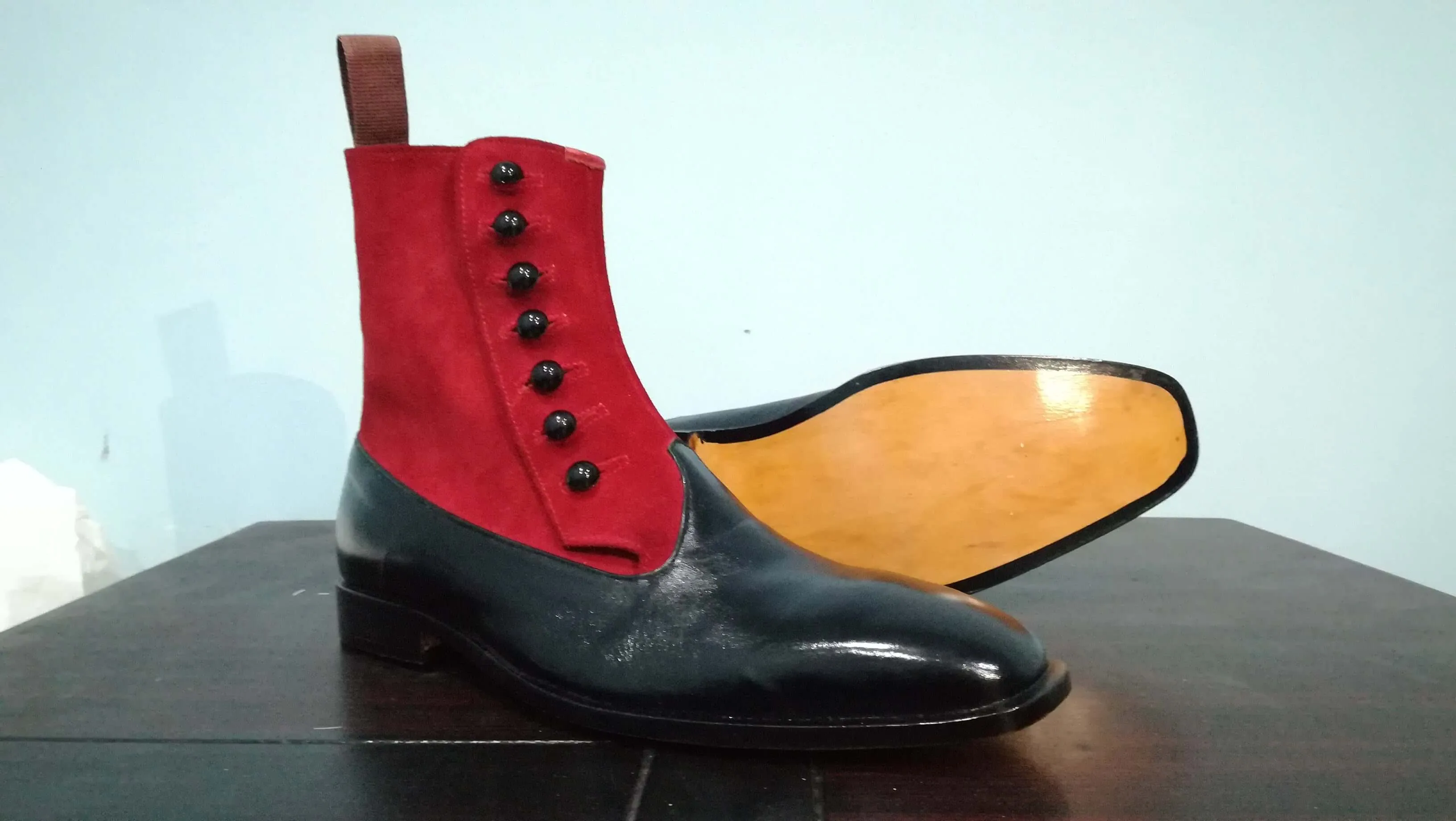 Handmade Black & Red Ankle Button Top Boot For Men's