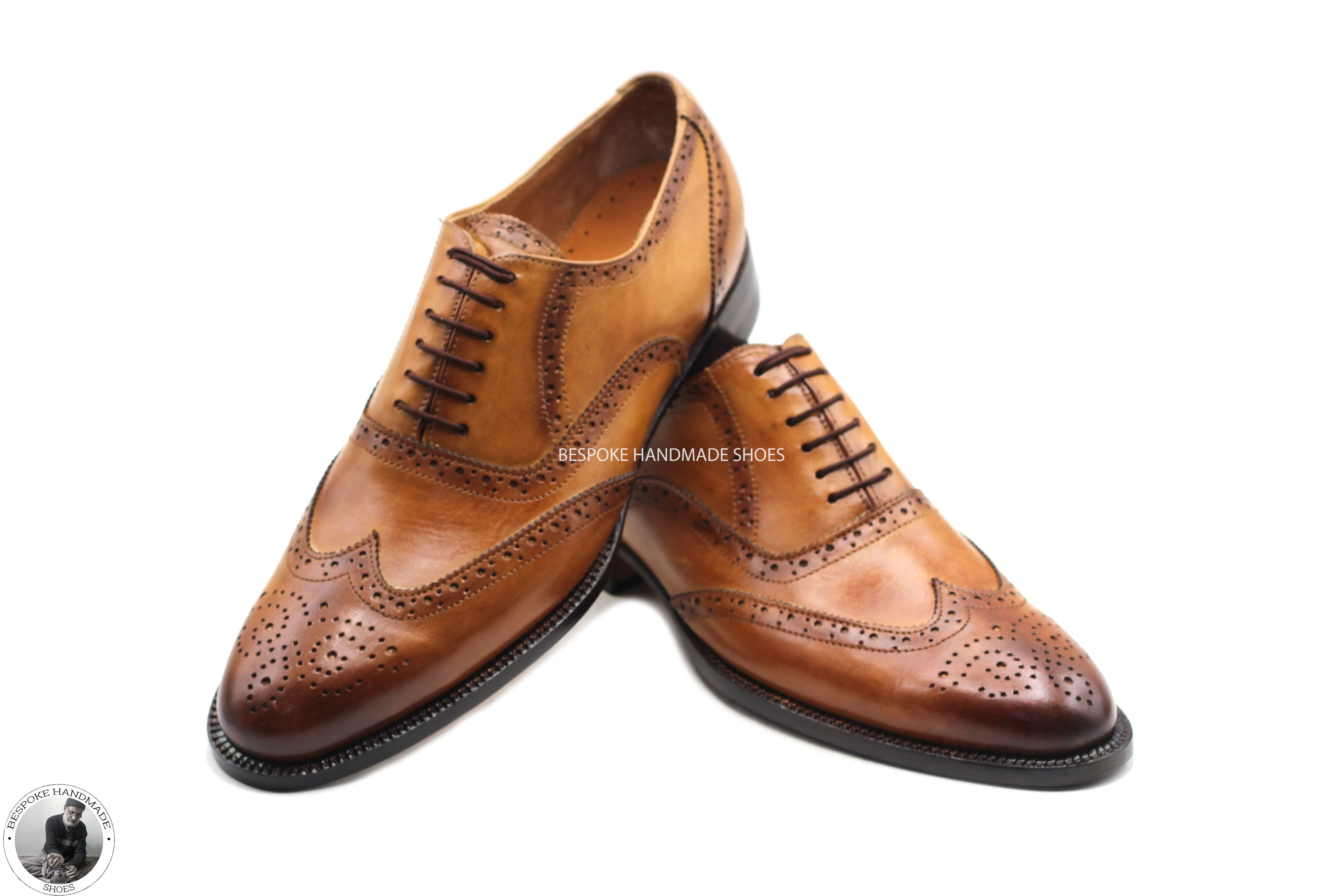 Handmade Men's Tan Color Leather Wingtip Brogue Oxford Lace up Dress Shoes Men's