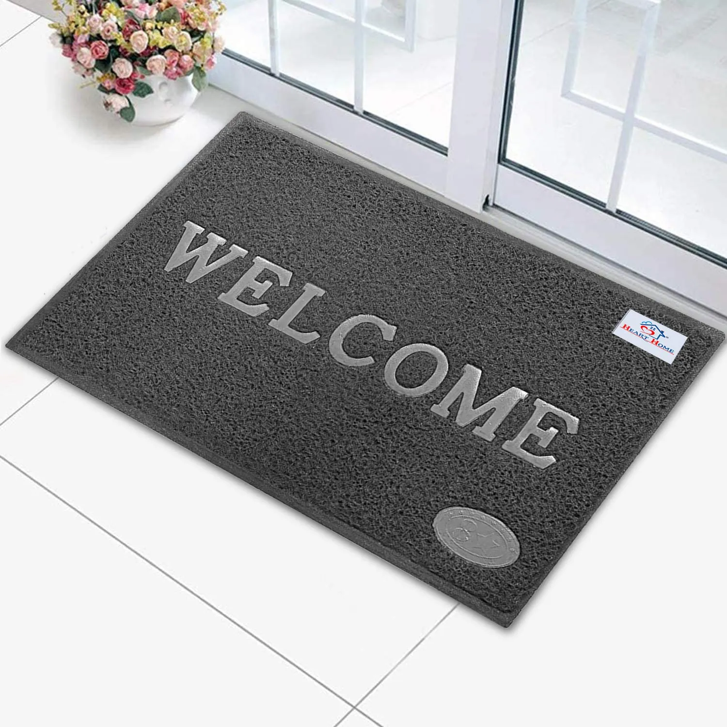 Heart Home Rubber Anti Slip Welcome Door Mat for Home Entrance, Office, Shop (Grey)-Pack of 2-HHEART15376