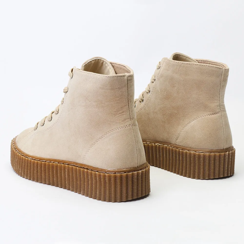 Iyla Hi Top Creepers in Nude Faux Suede and Gum Sole