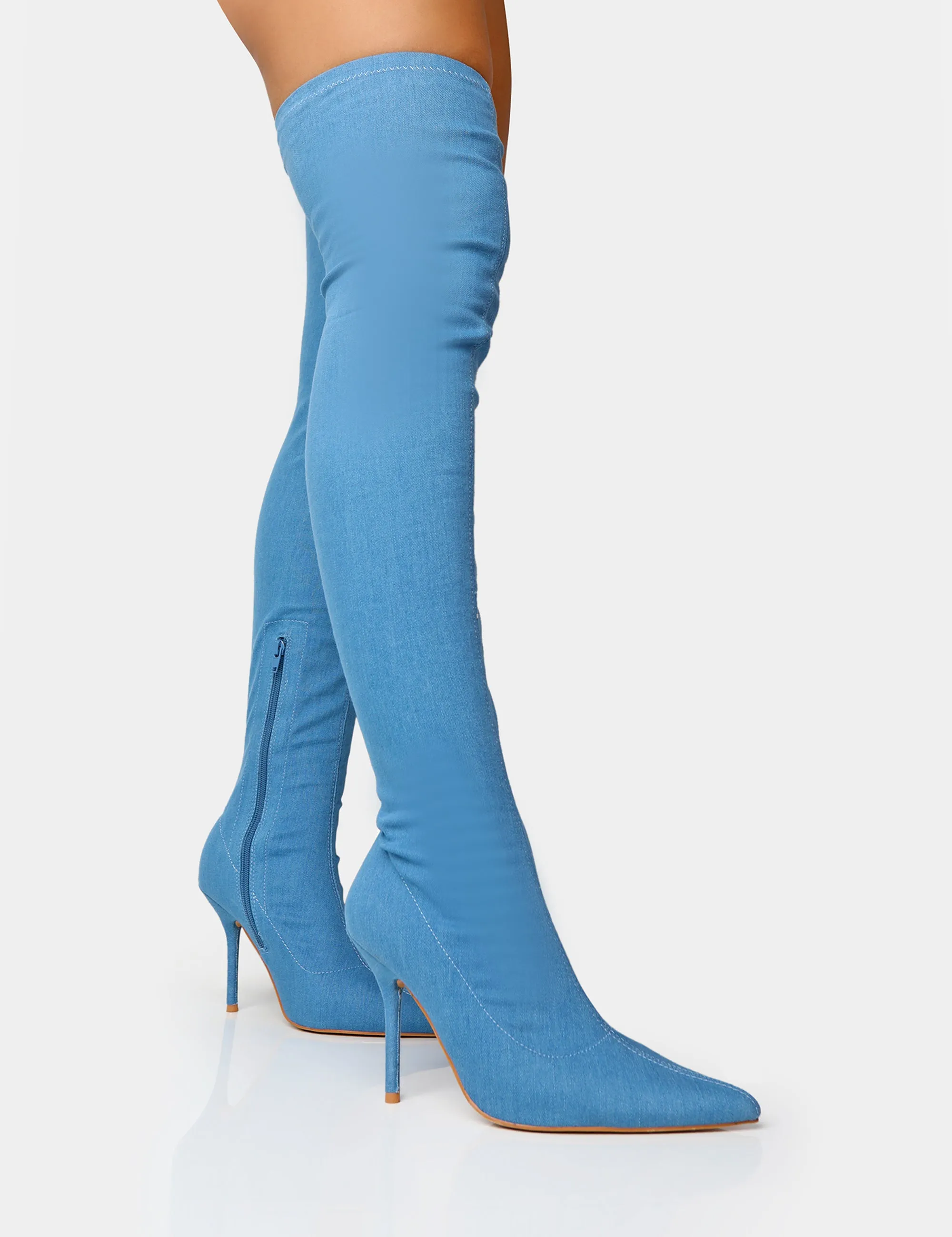 Jodie Blue Denim Seam Detail Pointed Toe Stiletto Over The Knee Boots