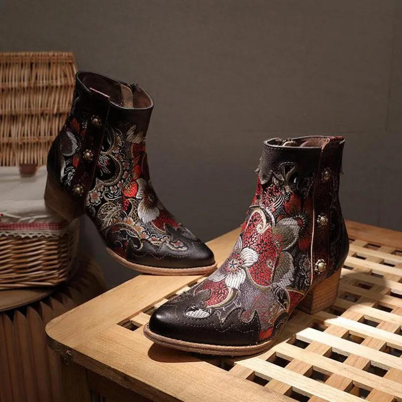 JOHNNATURE  Leather Handmade & Embroidered High Heel Ankle Boots with Flower Design