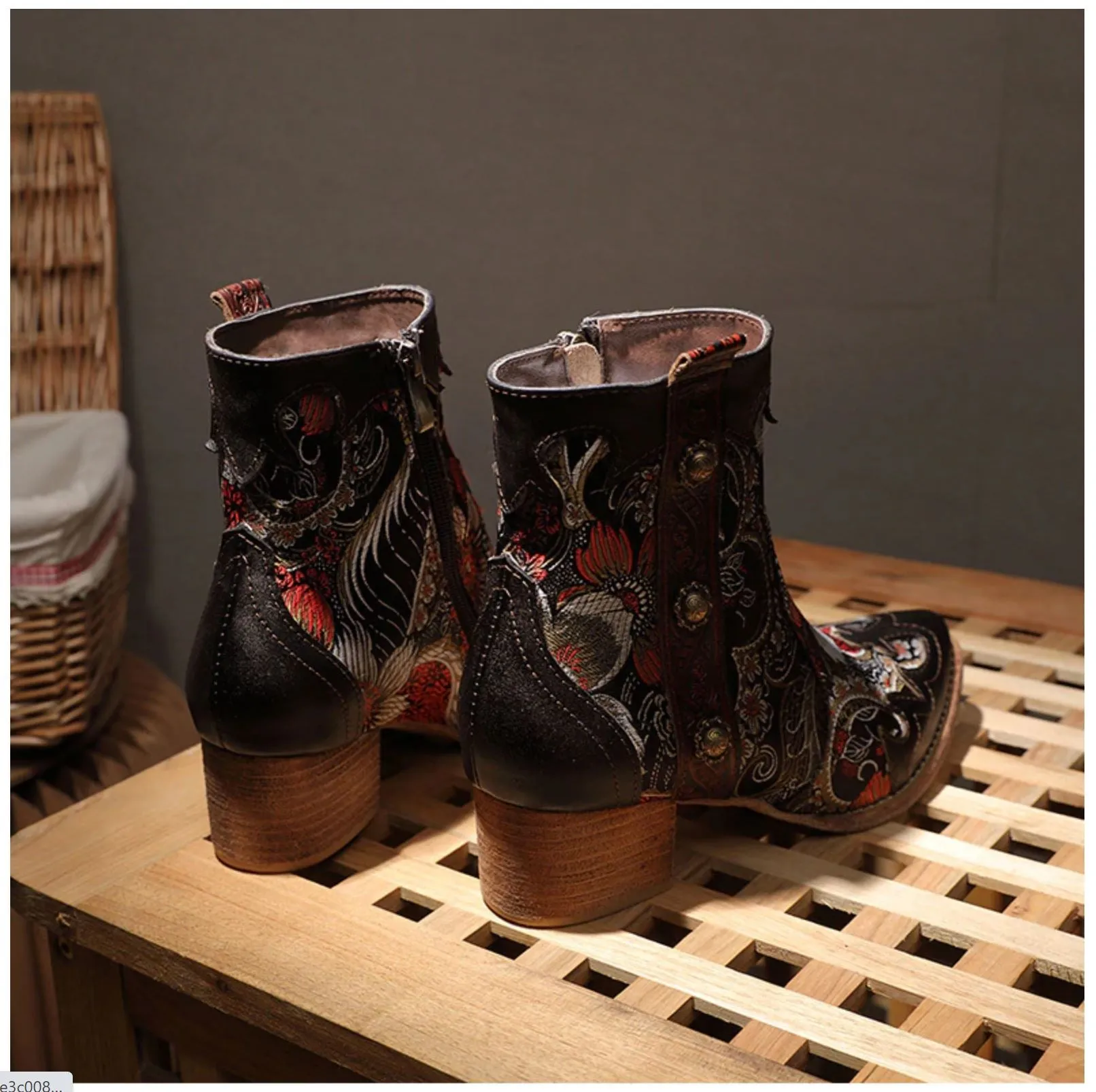 JOHNNATURE  Leather Handmade & Embroidered High Heel Ankle Boots with Flower Design