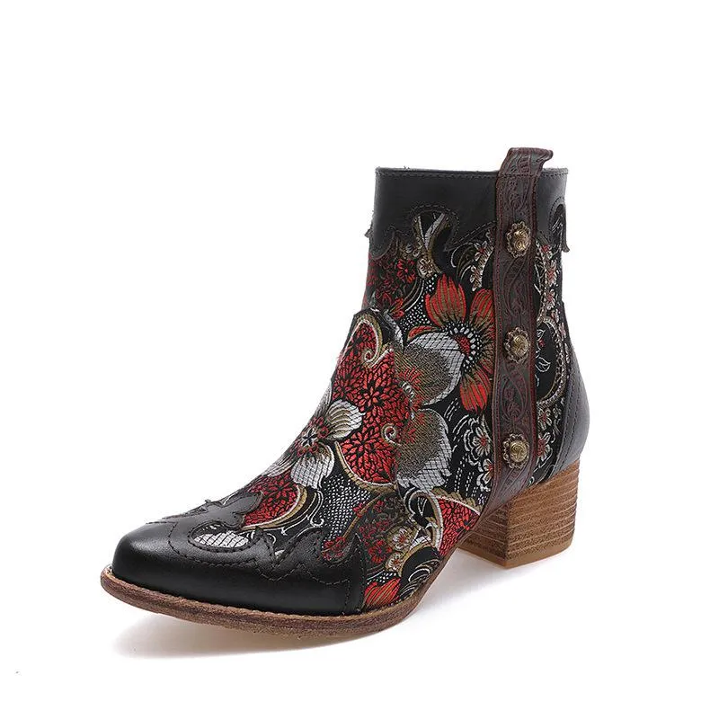 JOHNNATURE  Leather Handmade & Embroidered High Heel Ankle Boots with Flower Design