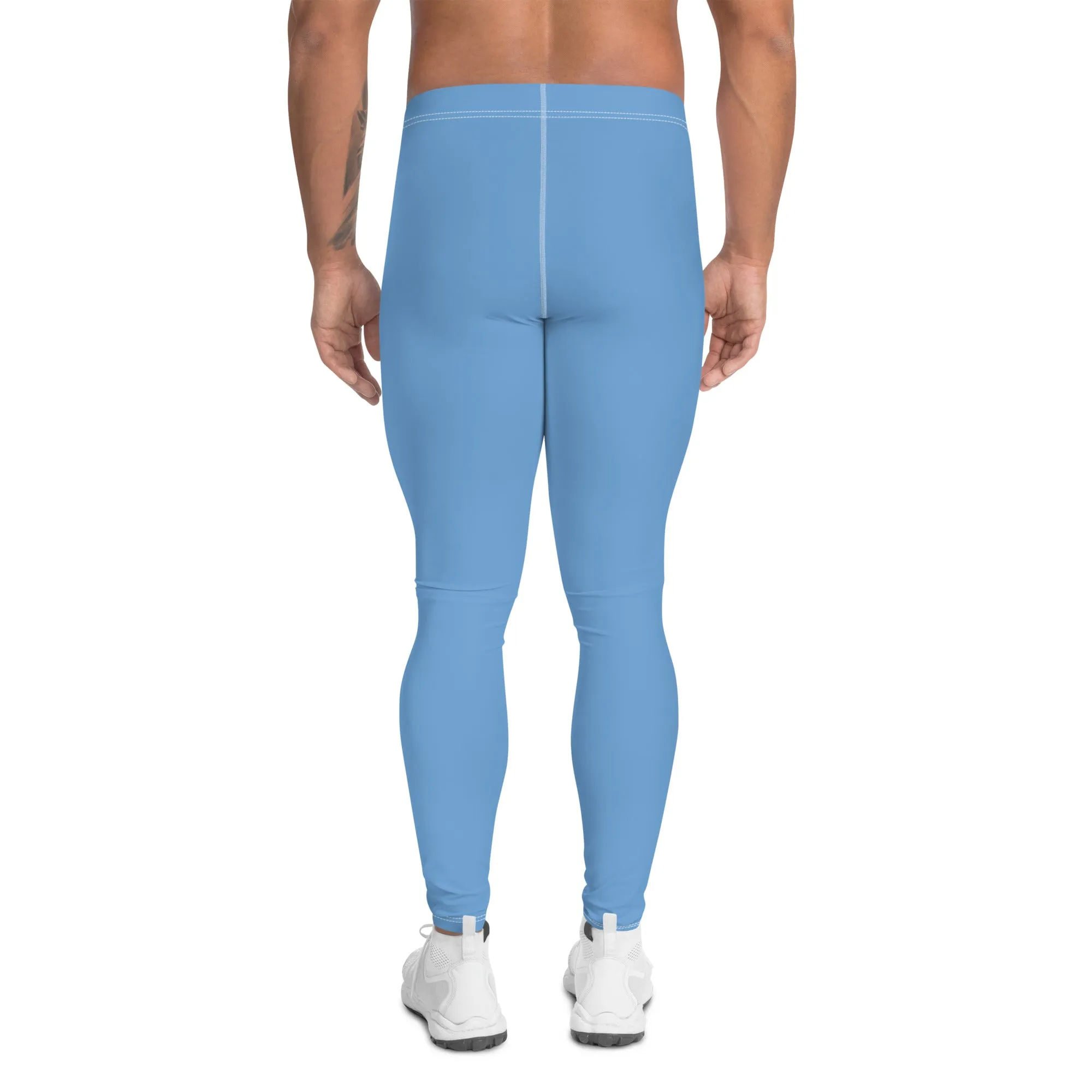 Light Solid Blue Color Meggings, Modern Solid Light Blue Color Designer Spandex Men's Tights/Leggings- Made in USA/ MX/ EU