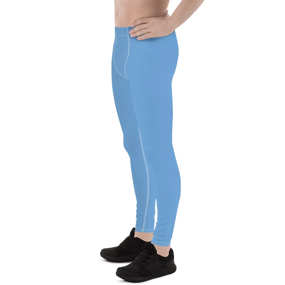 Light Solid Blue Color Meggings, Modern Solid Light Blue Color Designer Spandex Men's Tights/Leggings- Made in USA/ MX/ EU