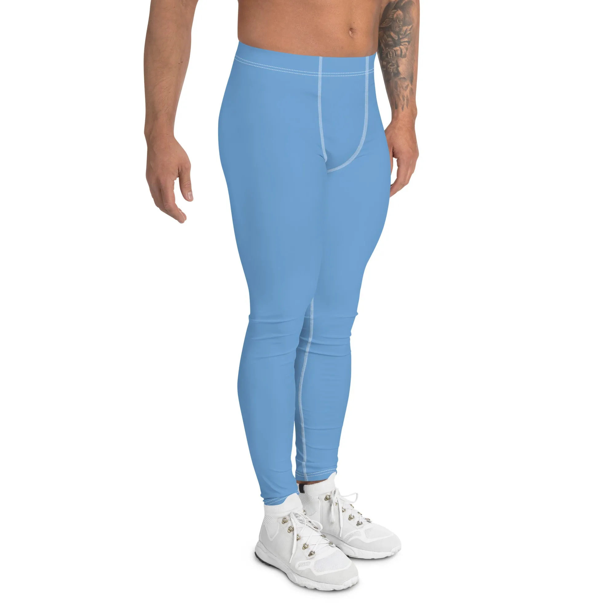 Light Solid Blue Color Meggings, Modern Solid Light Blue Color Designer Spandex Men's Tights/Leggings- Made in USA/ MX/ EU