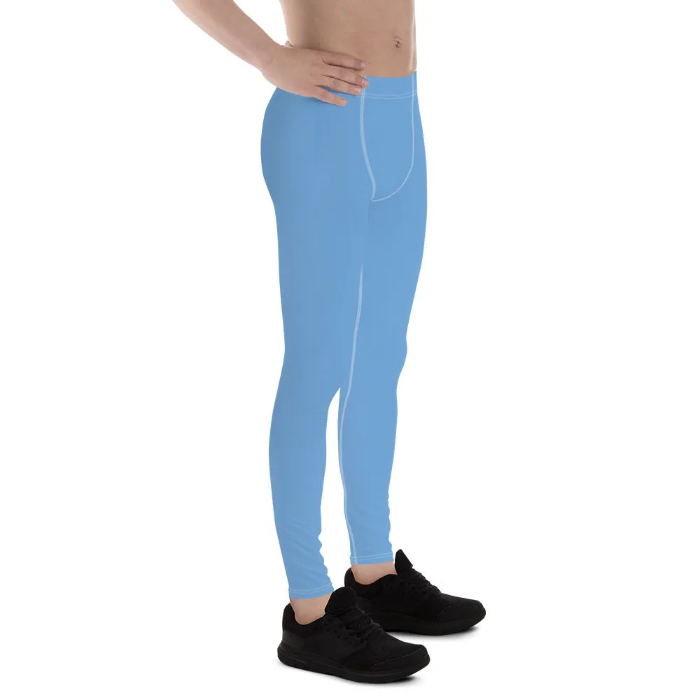 Light Solid Blue Color Meggings, Modern Solid Light Blue Color Designer Spandex Men's Tights/Leggings- Made in USA/ MX/ EU