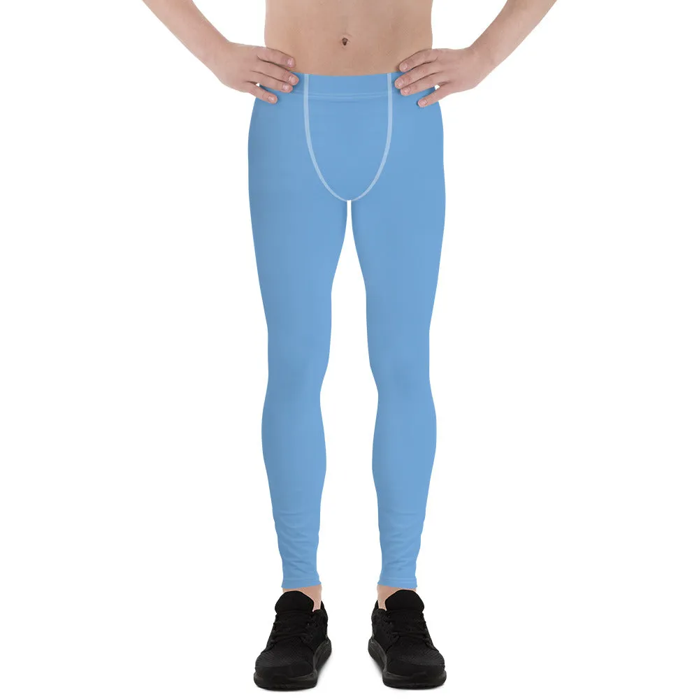 Light Solid Blue Color Meggings, Modern Solid Light Blue Color Designer Spandex Men's Tights/Leggings- Made in USA/ MX/ EU