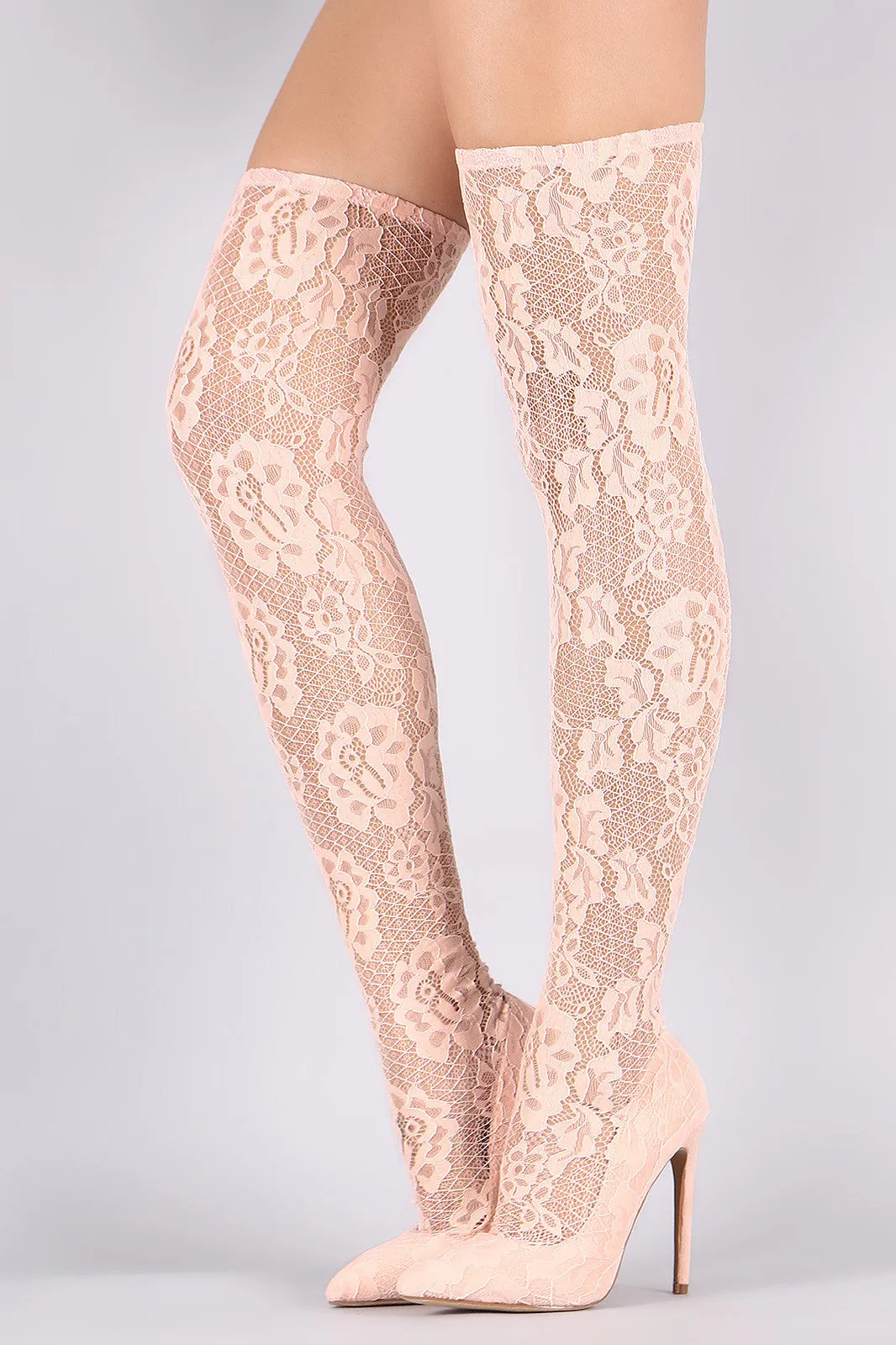 Liliana Floral Lace Pointy Toe Stiletto Over-The-Knee Boots