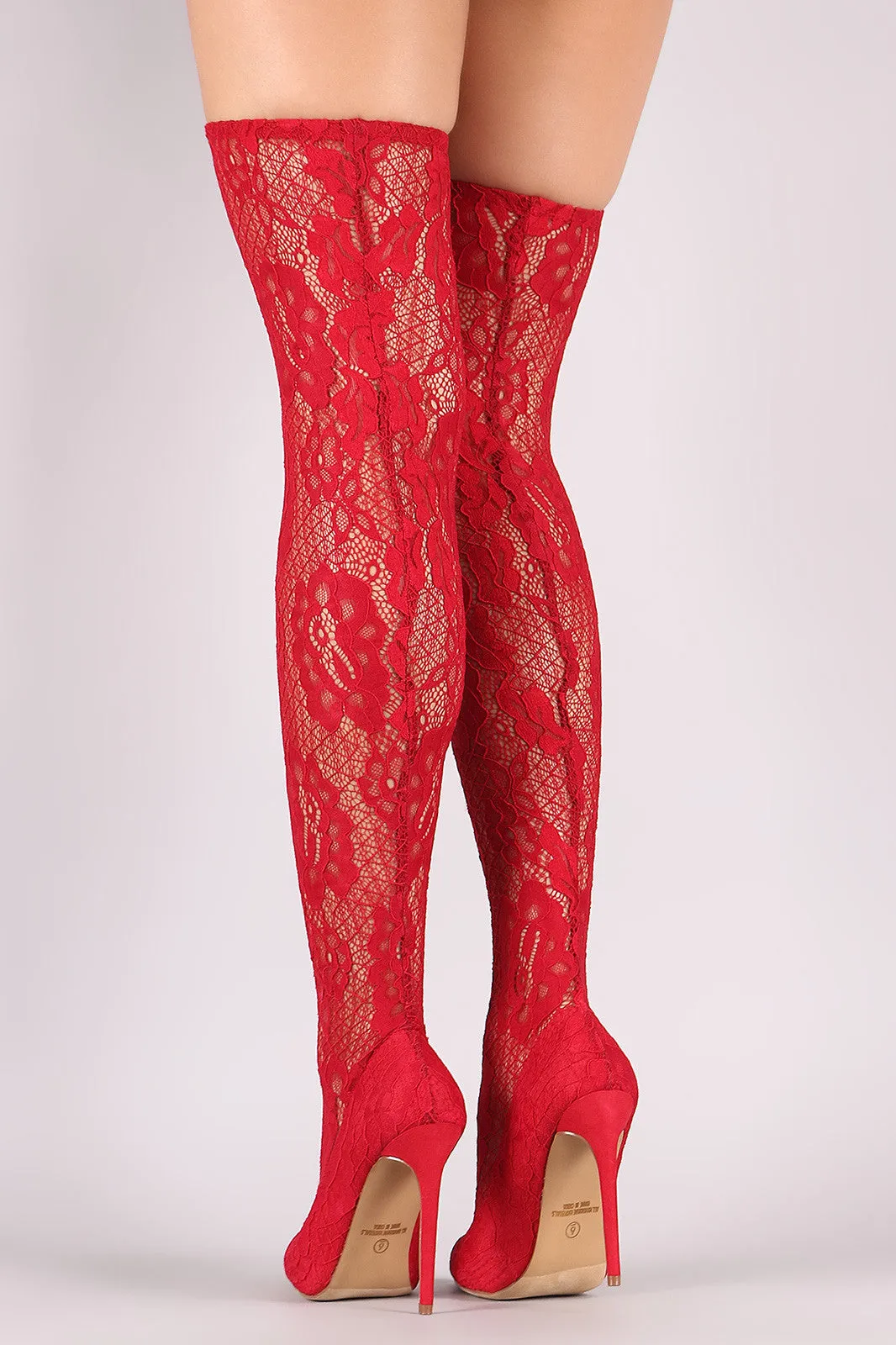 Liliana Floral Lace Pointy Toe Stiletto Over-The-Knee Boots