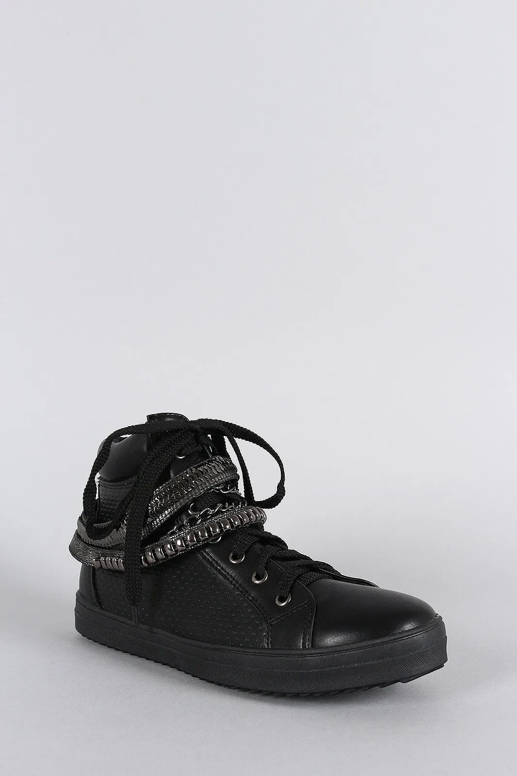 Liliana Perforated Multiple Chains High Top Lace Up Sneaker