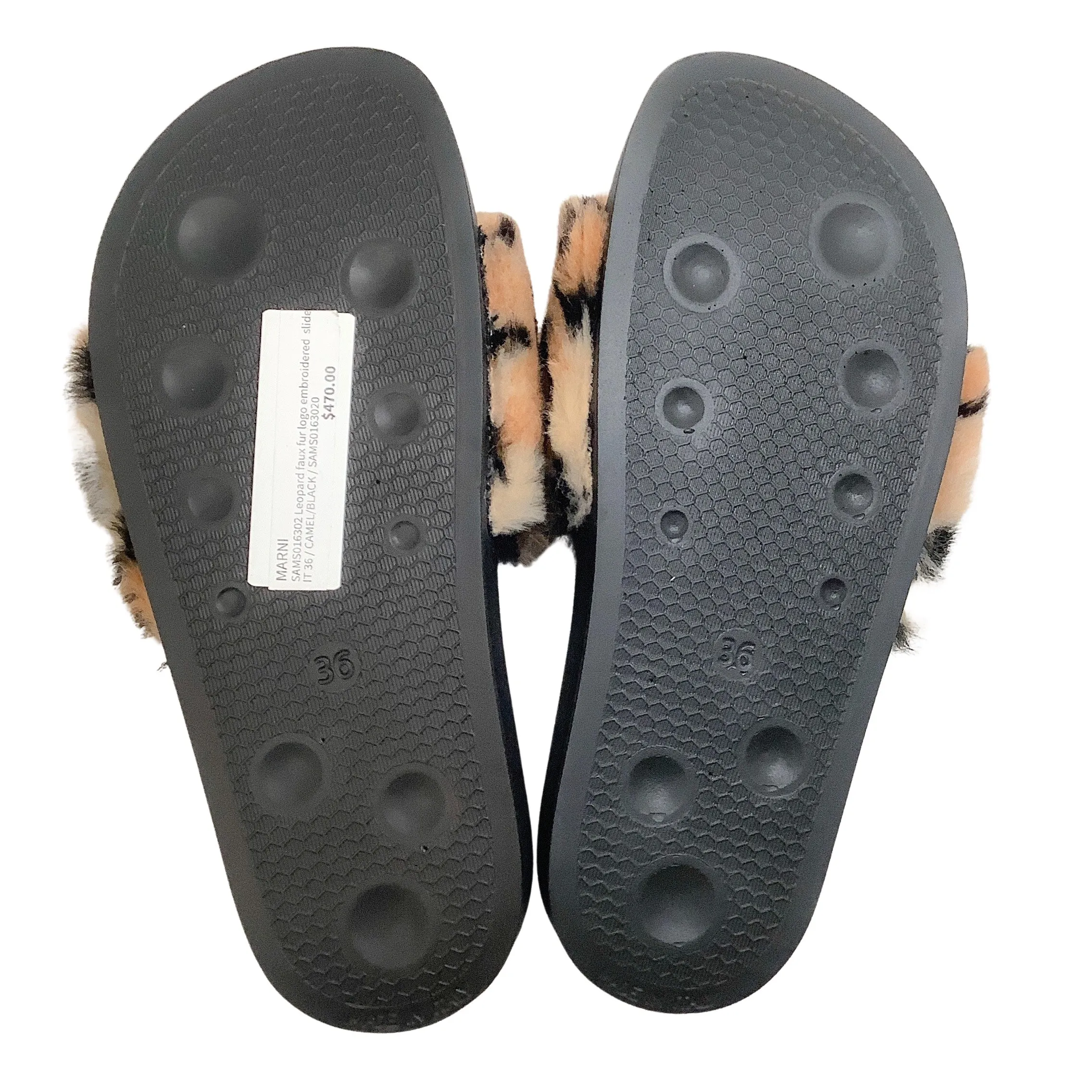 Marni Camel / Black Leopard Faux Fur Embroidered Logo Slide Sandals