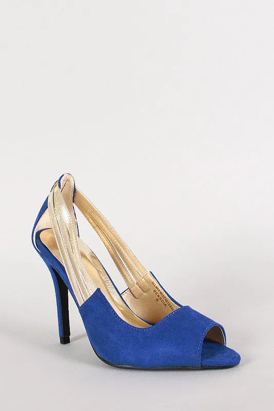 Metallic Strap Faux Suede Peep Toe Pump