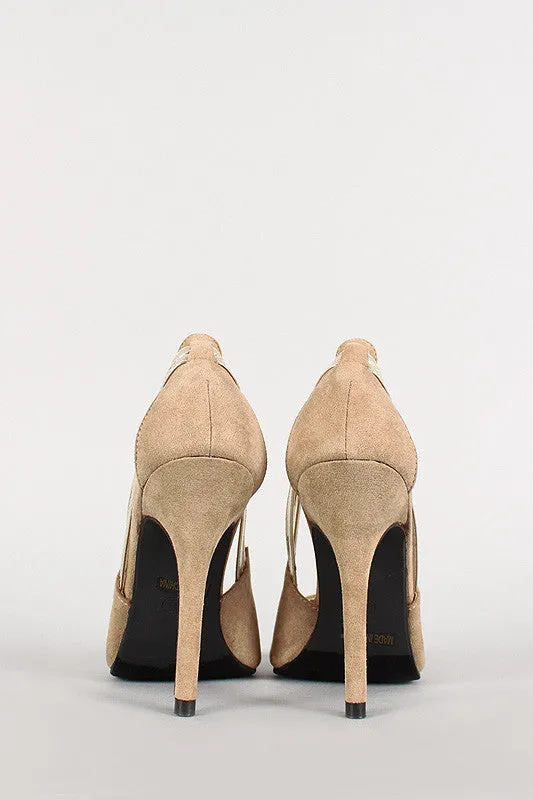 Metallic Strap Faux Suede Peep Toe Pump