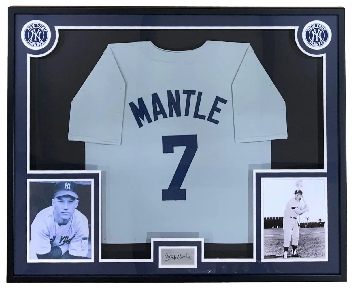 Mickey Mantle New York Framed Gray Baseball Jersey w/ Laser Engraved Signature