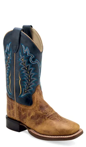 Old West Children Unisex Square Toe Burnt Brown/Navy Leather Cowboy Boots