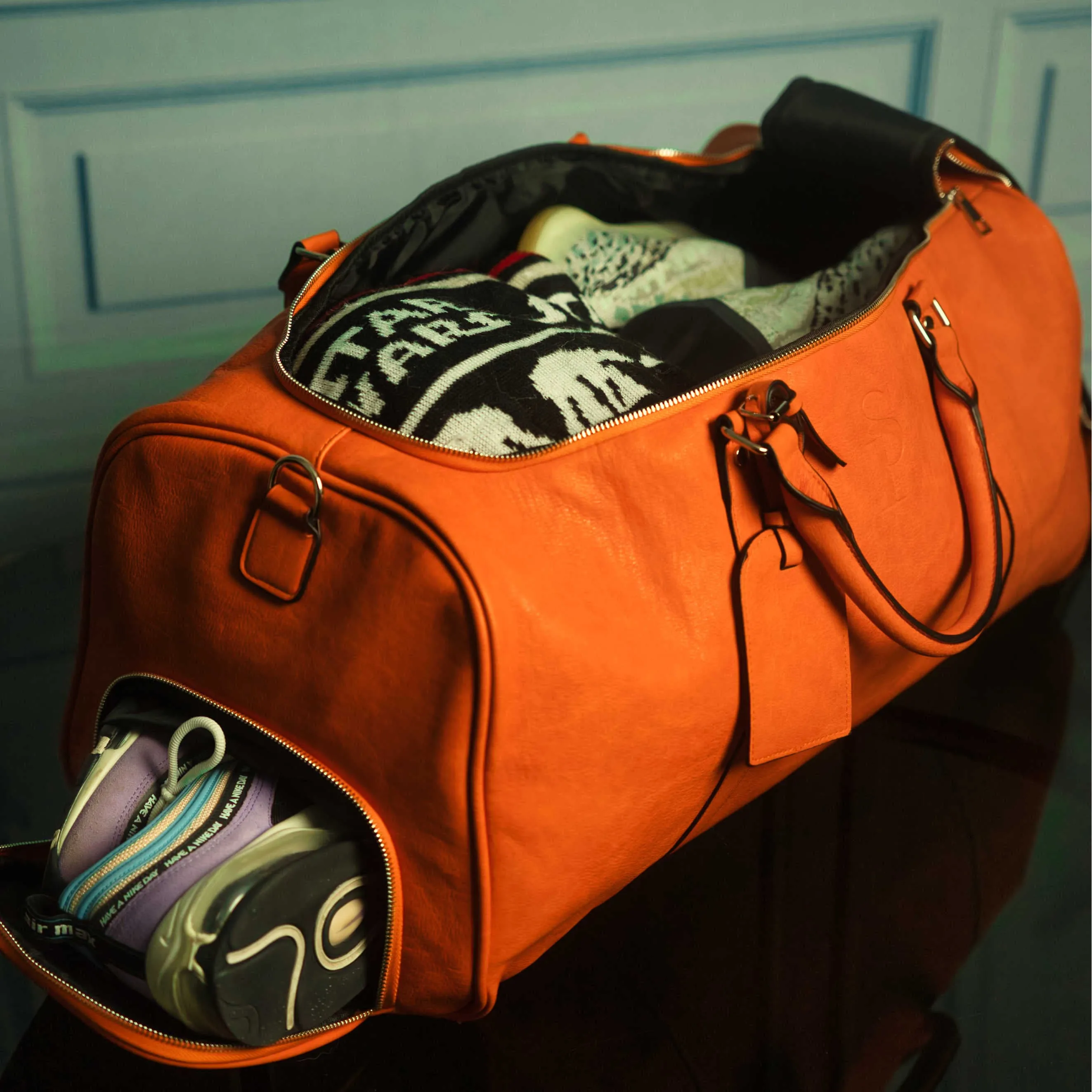 Orange Tumbled Leather Duffle Bag