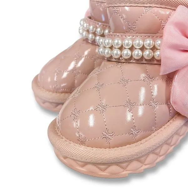 Pearl Strap Quilted Boots - Pink