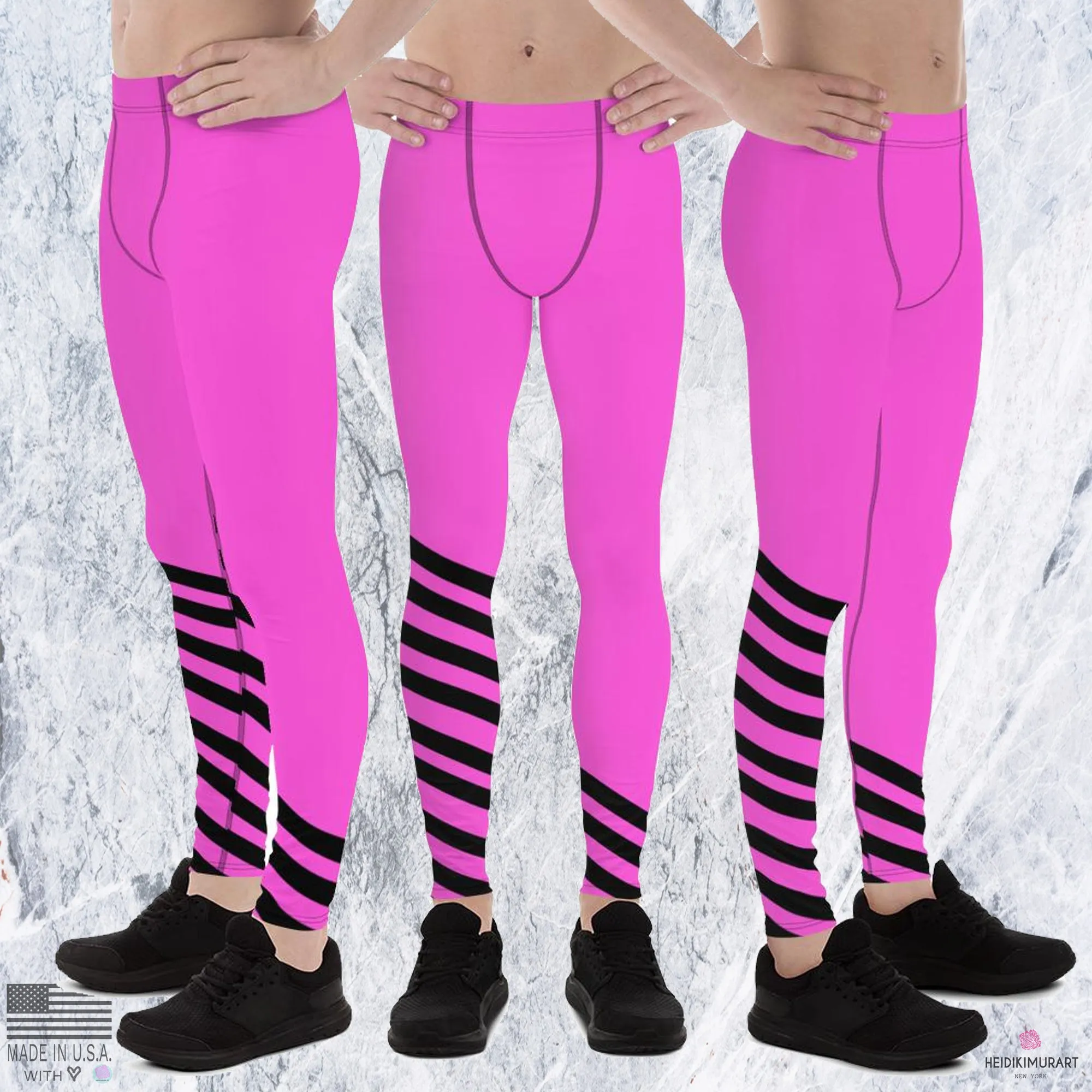 Pink Black Striped Meggings, Athletic Yoga Pants Running Leggings Men's Tights-Made in USA/EU