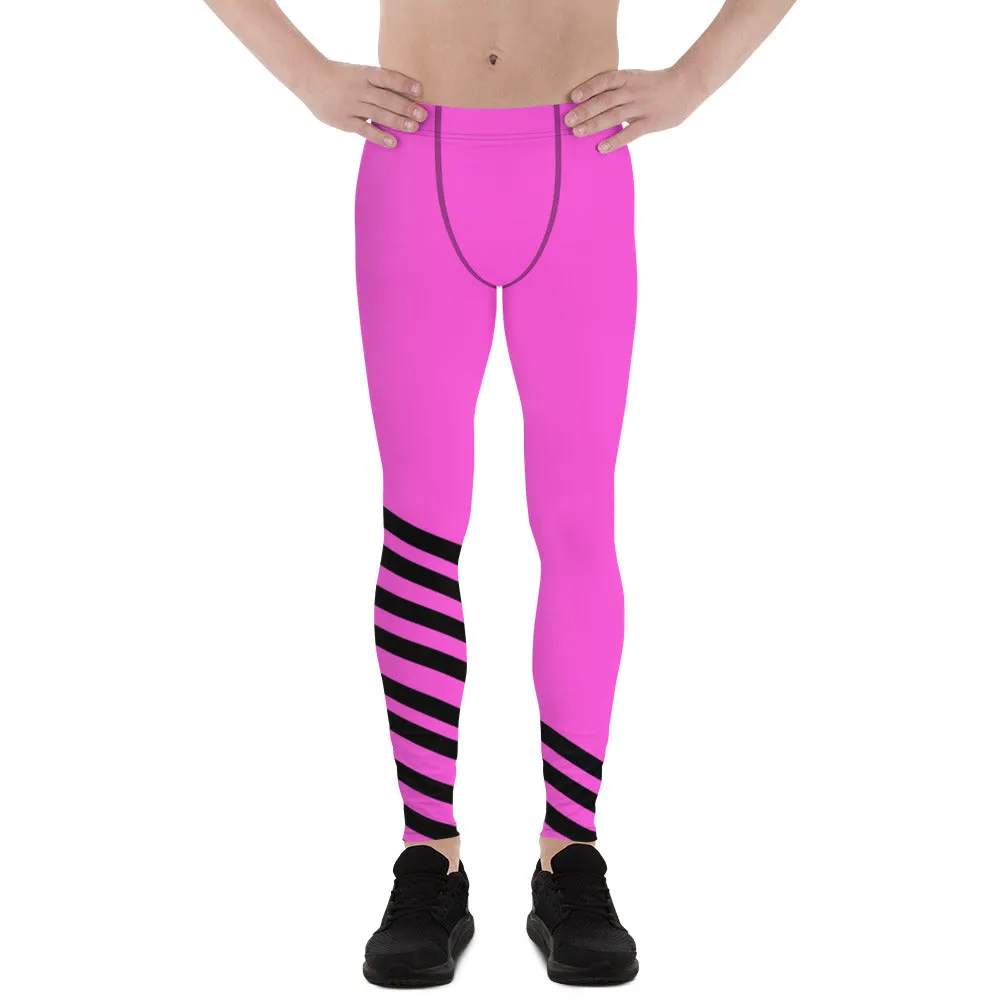 Pink Black Striped Meggings, Athletic Yoga Pants Running Leggings Men's Tights-Made in USA/EU